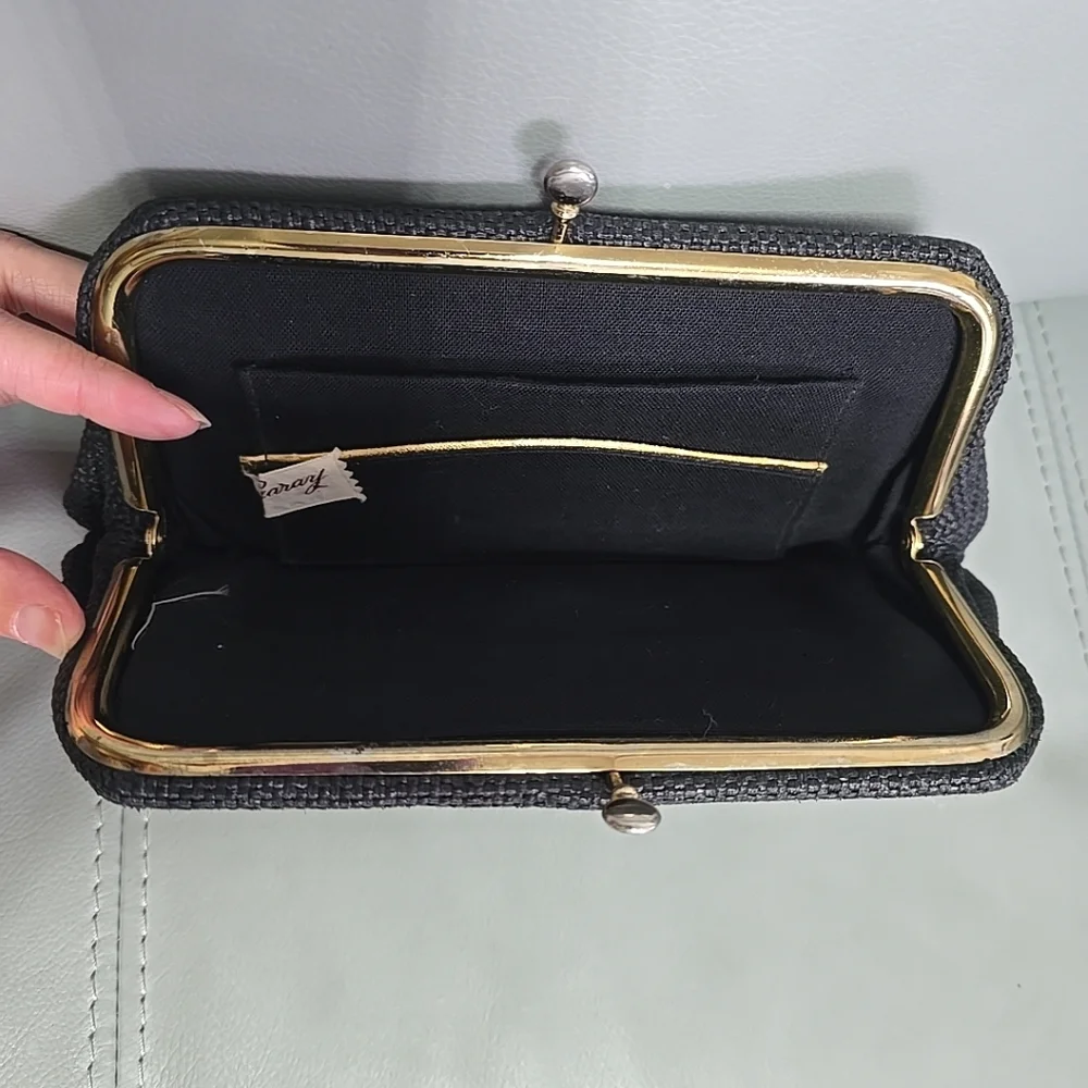 Vintage‎ Garay Ladies Black Textured Woven Clutch Faded Gold Silver Kiss Lock